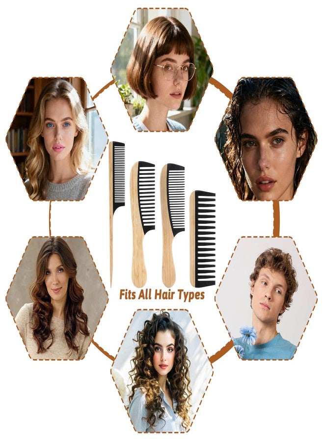 MBAIYO 4 Pcs Natural Handmade Bamboo Hair Combs Set, Wide Tooth Fine Tooth Rat Tail Wooden Combs for Women Men Anti-Static for All Hairstyles and Beard - Image 5